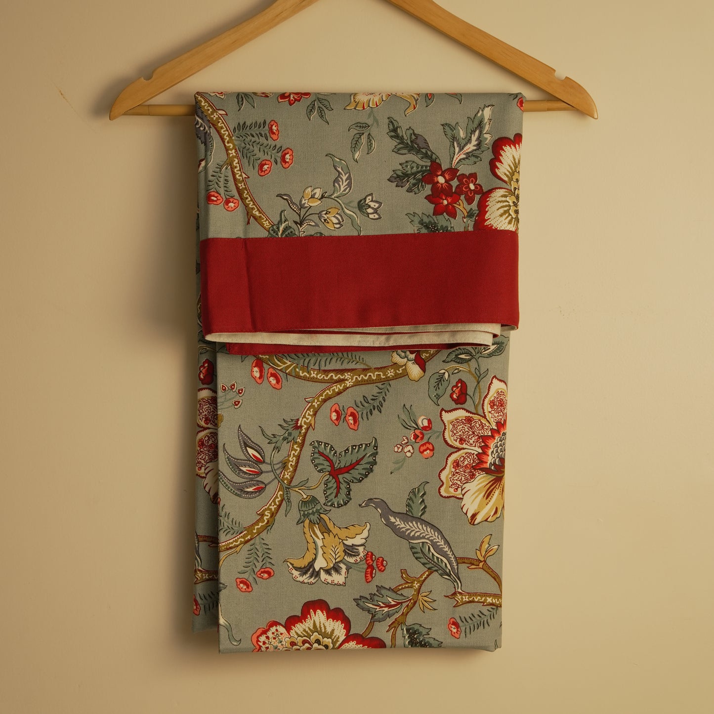 Elegant Sage Green Floral Tablecloth with Classic Red Trim