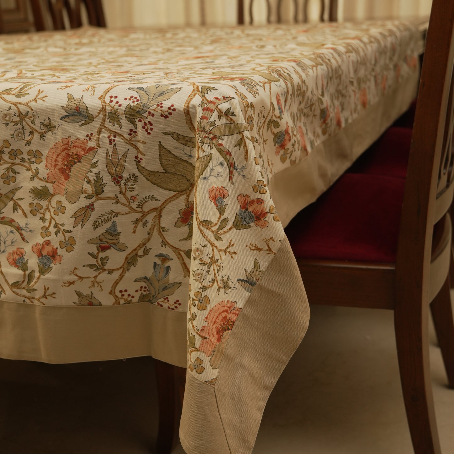 Ivory Blossom Floral Table Cover with Beige Border
