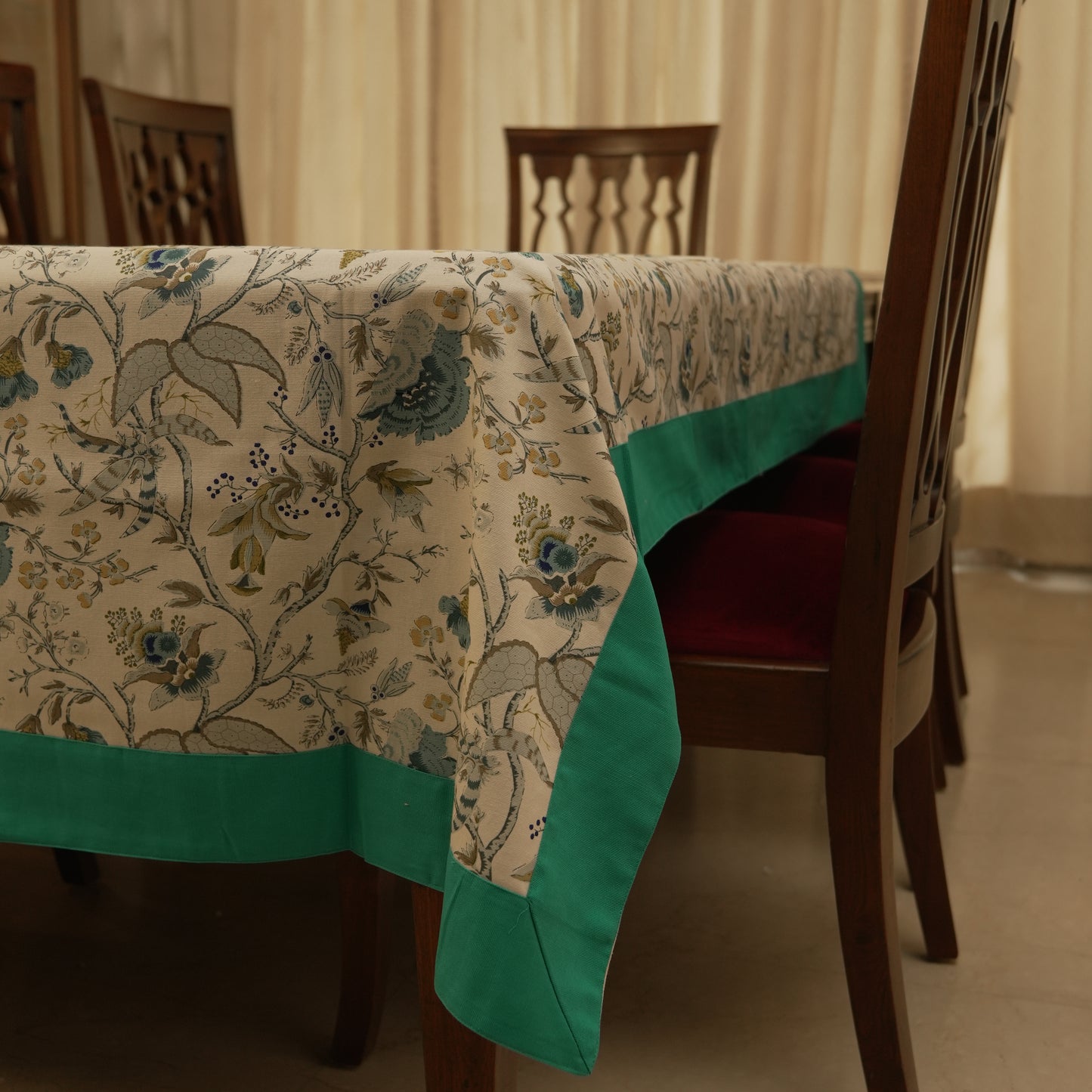 Elegant Garden Print Tablecloth with Teal Panel Finish