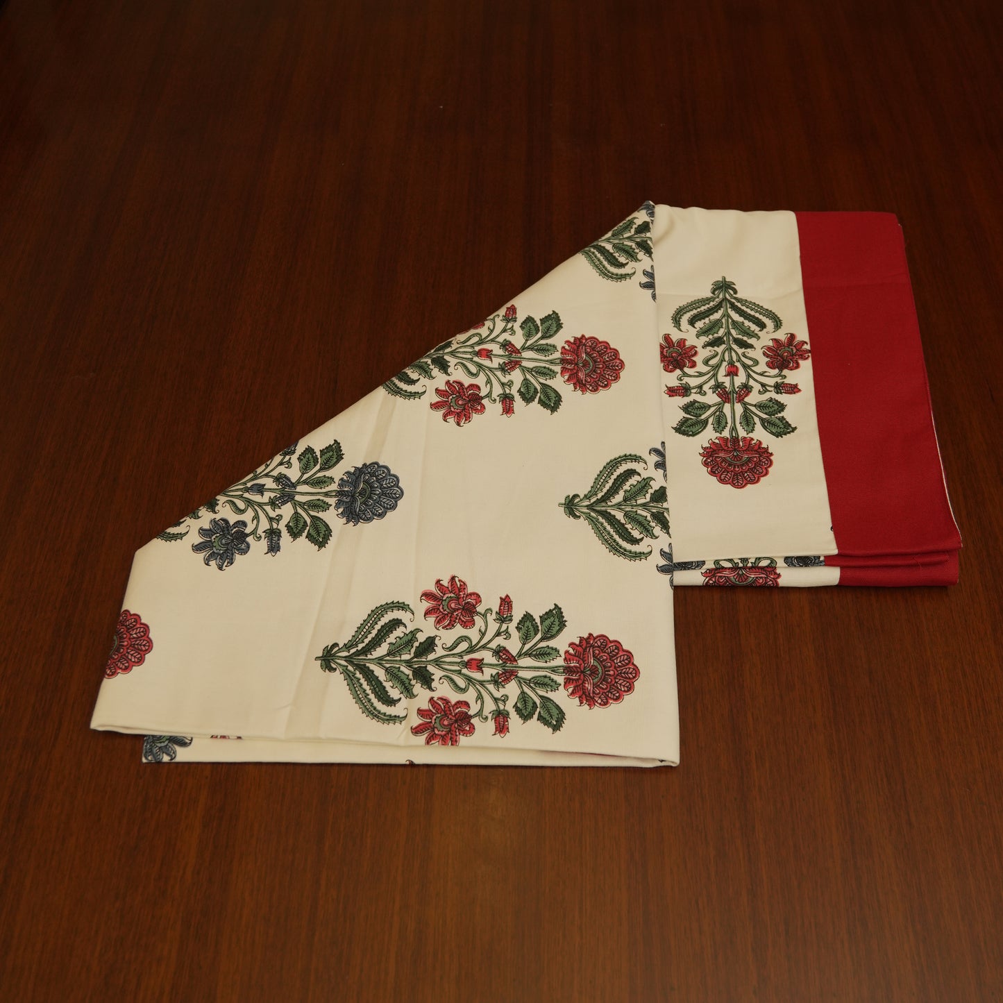 Traditional Handblock Style Floral Tablecloth with Red Finish
