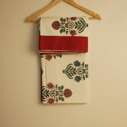 Traditional Handblock Style Floral Tablecloth with Red Finish