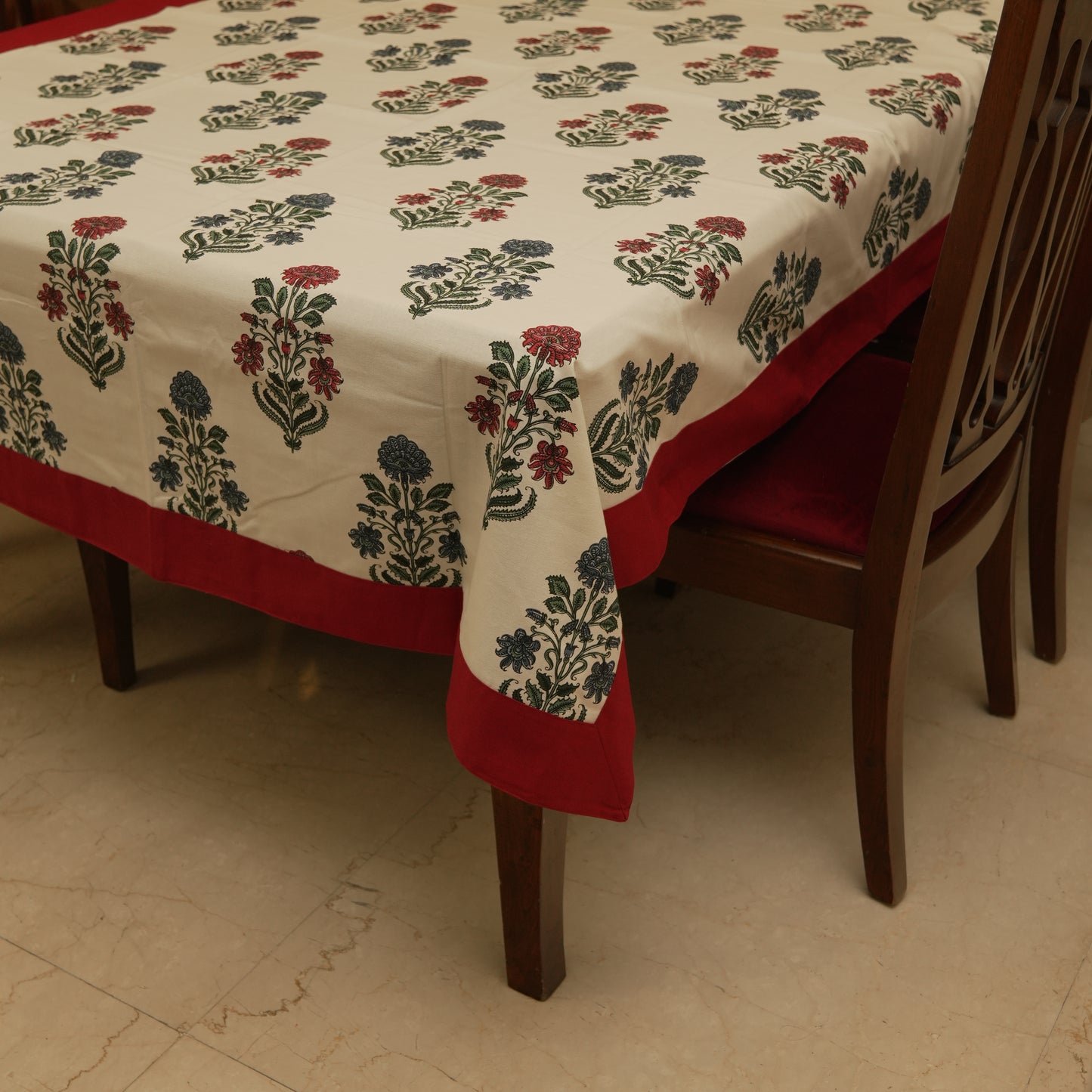 Traditional Handblock Style Floral Tablecloth with Red Finish