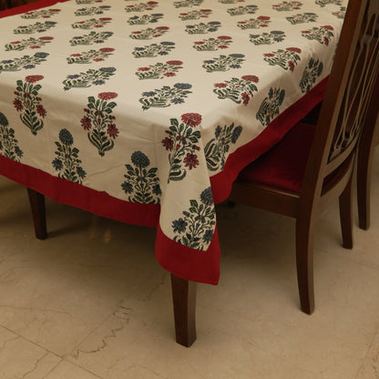 Traditional Handblock Style Floral Tablecloth with Red Finish