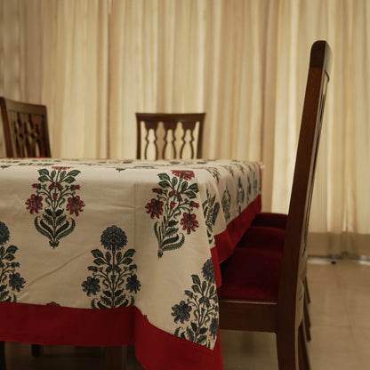 Traditional Handblock Style Floral Tablecloth with Red Finish