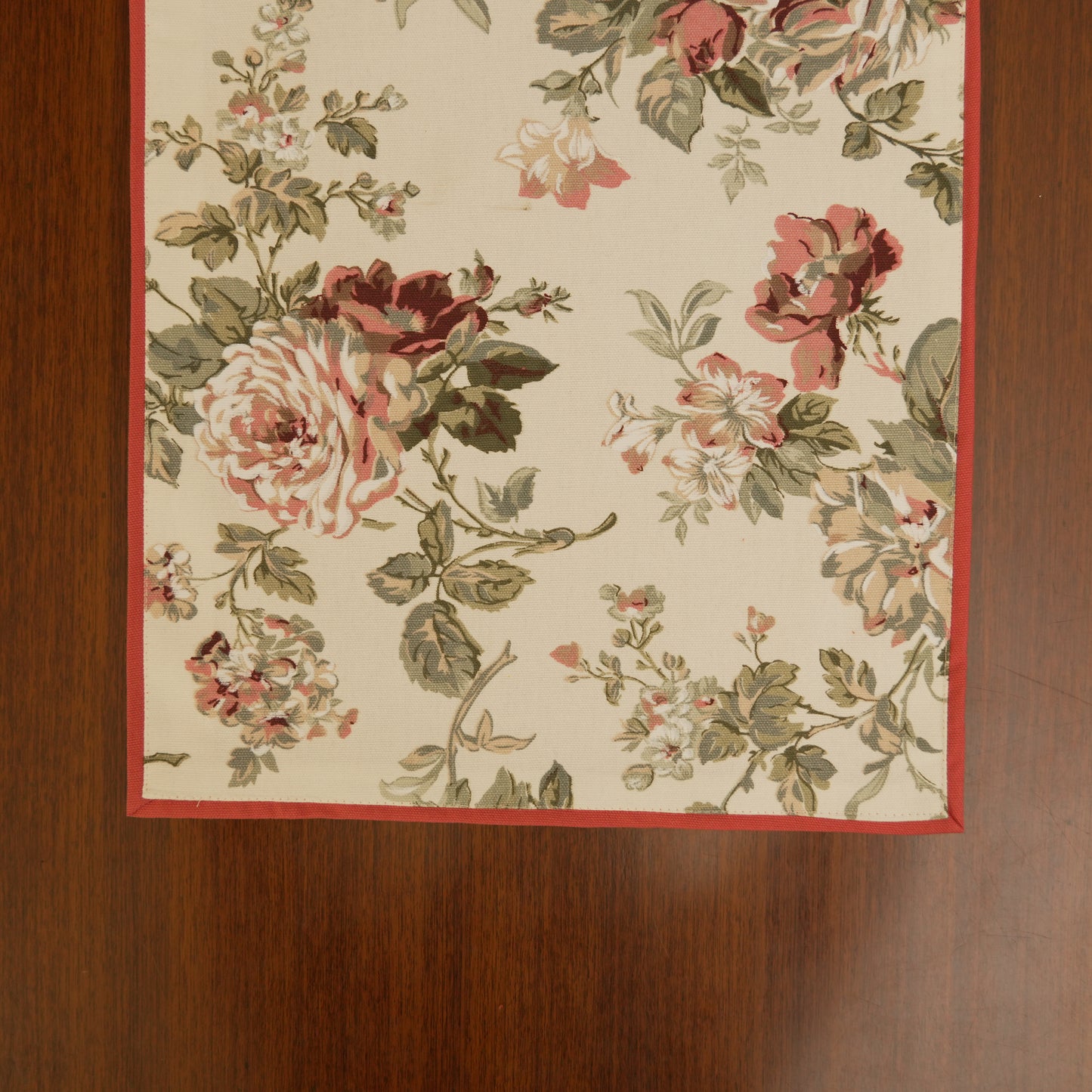 Vintage Rose Floral Table Runner with Red Edge Finish