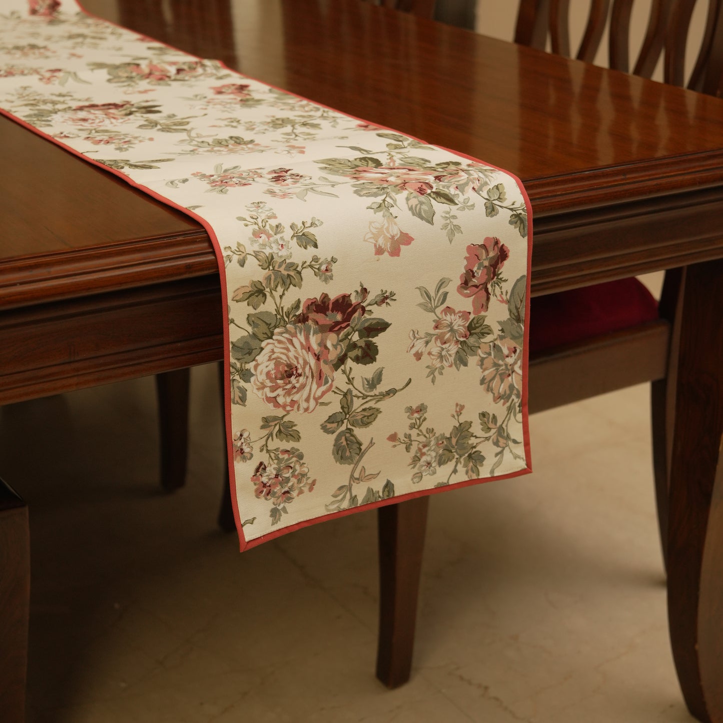 Vintage Rose Floral Table Runner with Red Edge Finish