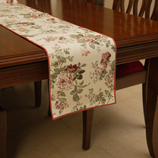 Vintage Rose Floral Table Runner with Red Edge Finish