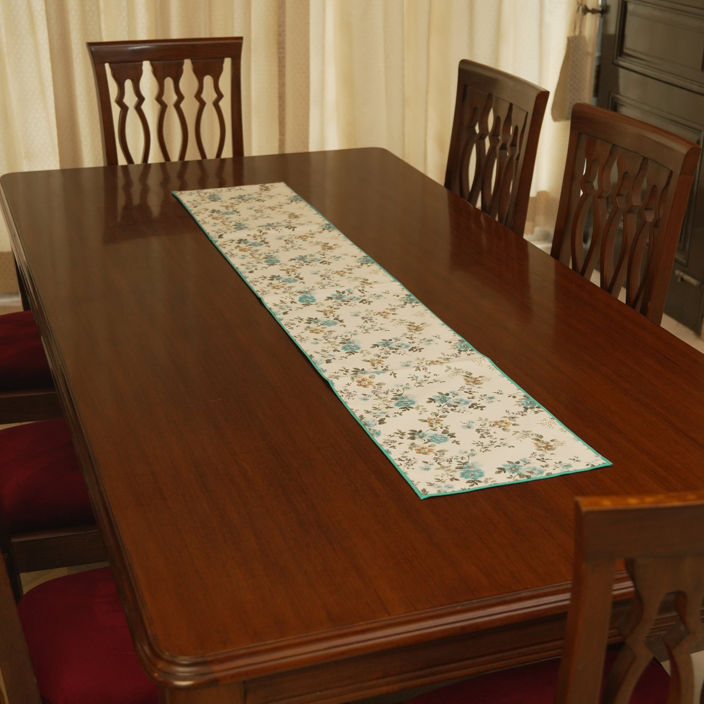 Aqua Floral Table Runner with Elegant Teal Border