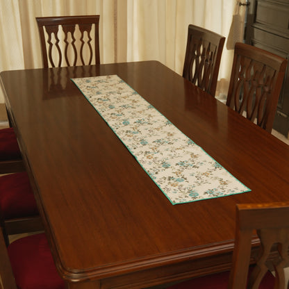 Aqua Floral Table Runner with Elegant Teal Border