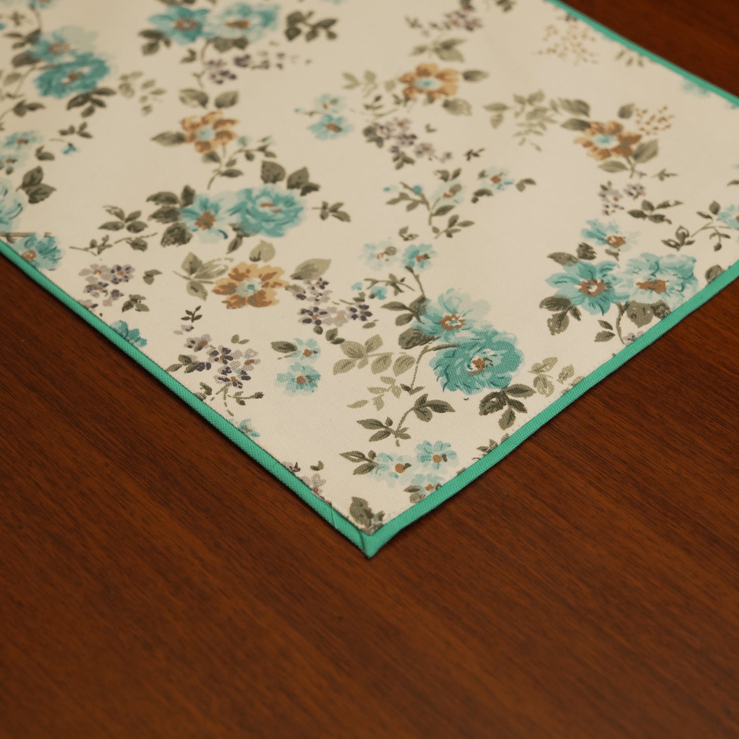 Aqua Floral Table Runner with Elegant Teal Border