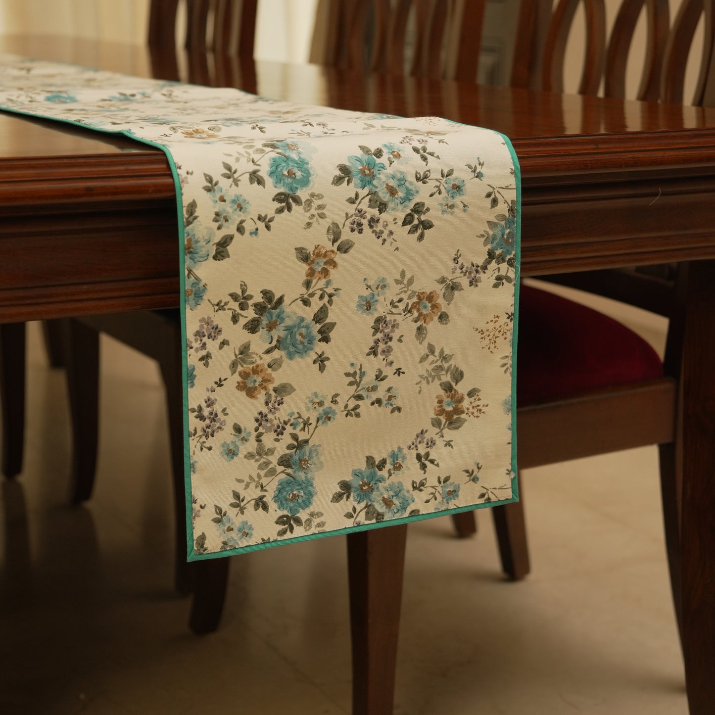 Aqua Floral Table Runner with Elegant Teal Border