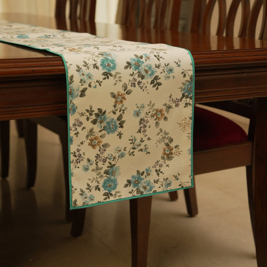 Aqua Floral Table Runner with Elegant Teal Border
