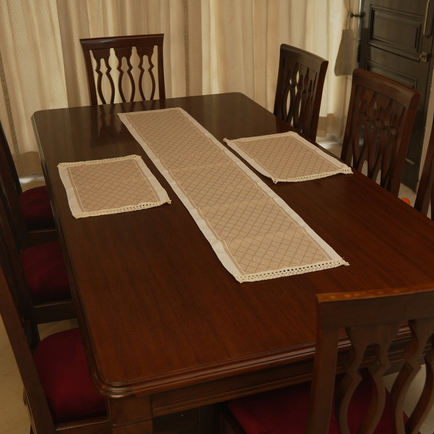 Beige Jacquard Table Runner with Elegant Tassel Finish (Long)