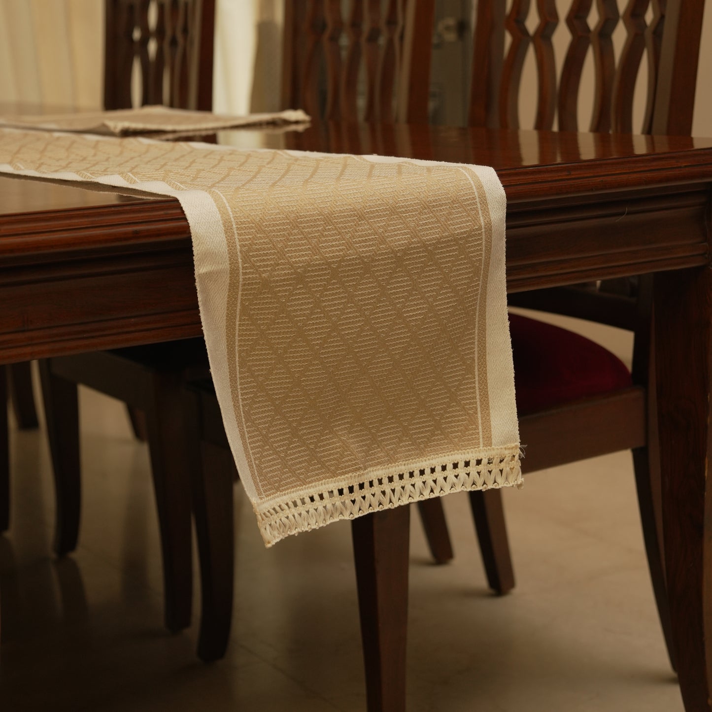 Beige Jacquard Table Runner with Elegant Tassel Finish (Long)