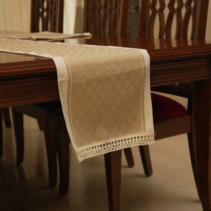 Beige Jacquard Table Runner with Elegant Tassel Finish (Long)
