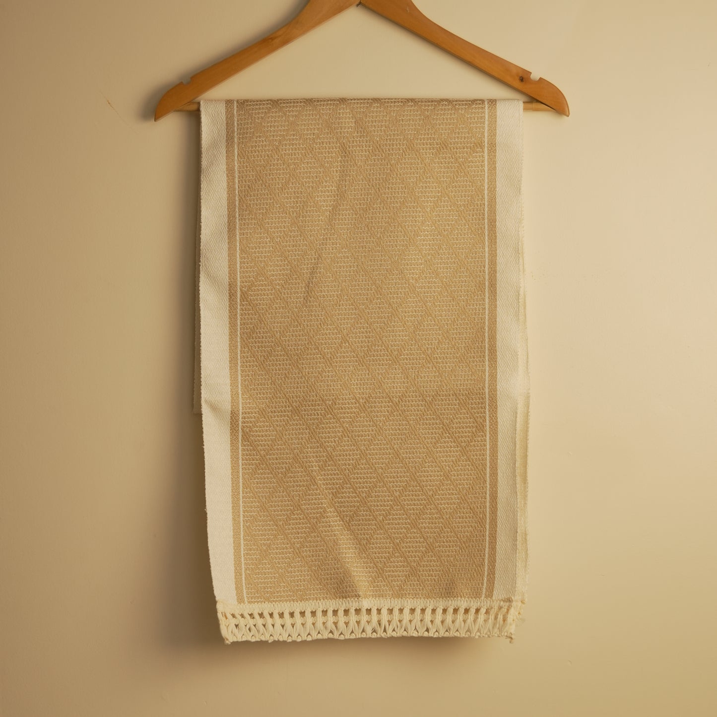 Beige Jacquard Table Runner with Elegant Tassel Finish (Long)