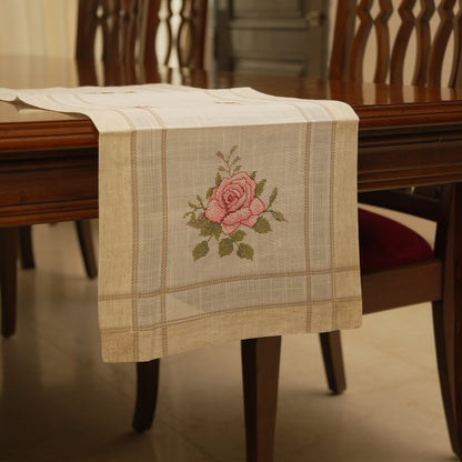 Embroidered Rose Table Runner with Classic Linen Finish