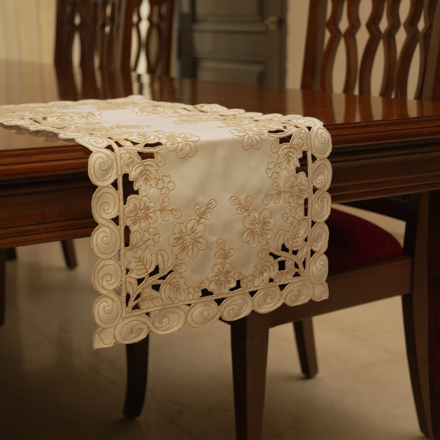 Classic Embroidered Table Runner with Cutwork Edges (Small)