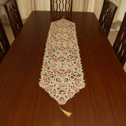 Classic Rose Lace Table Runner with Intricate Cutwork (Long)