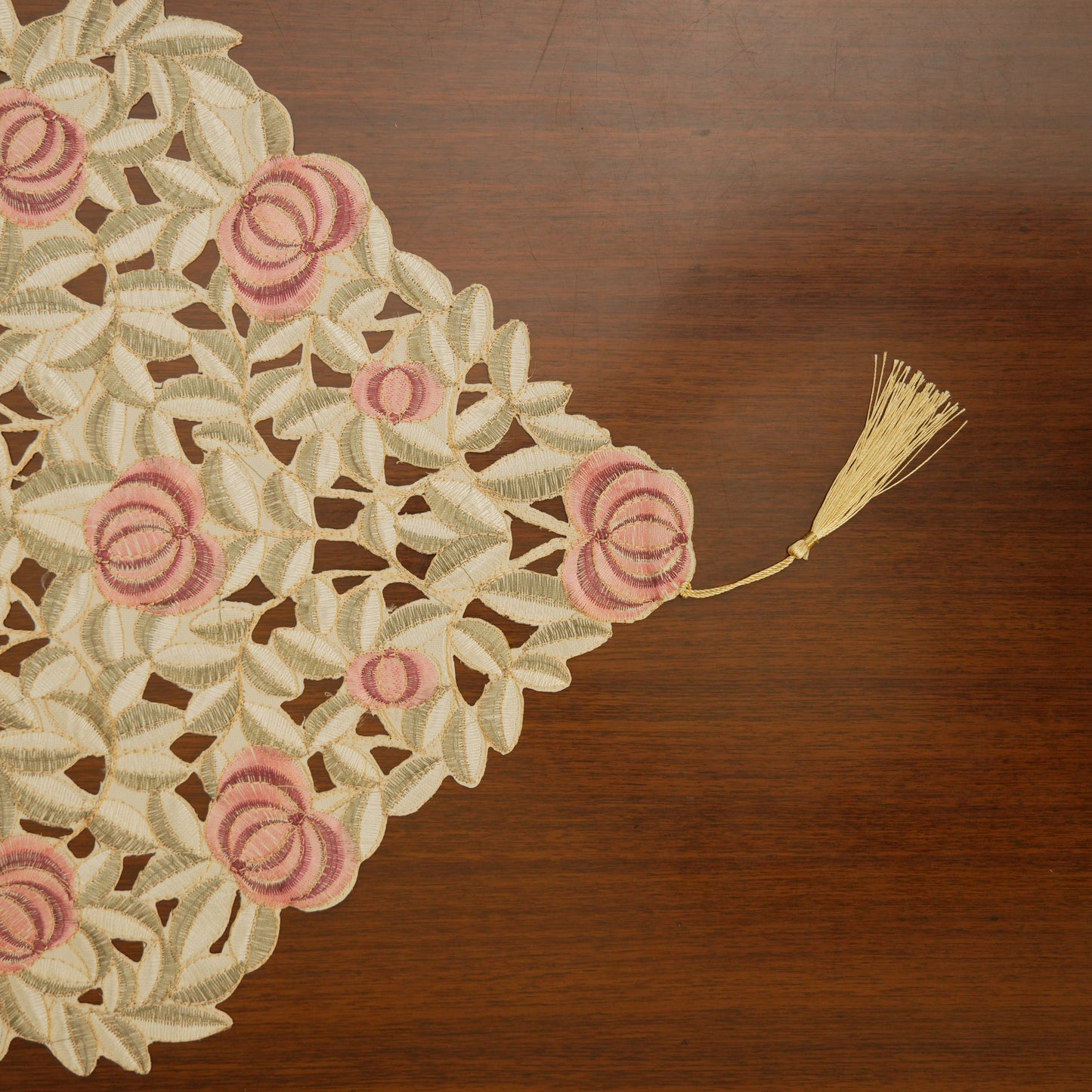Classic Rose Lace Table Runner with Intricate Cutwork (Long)