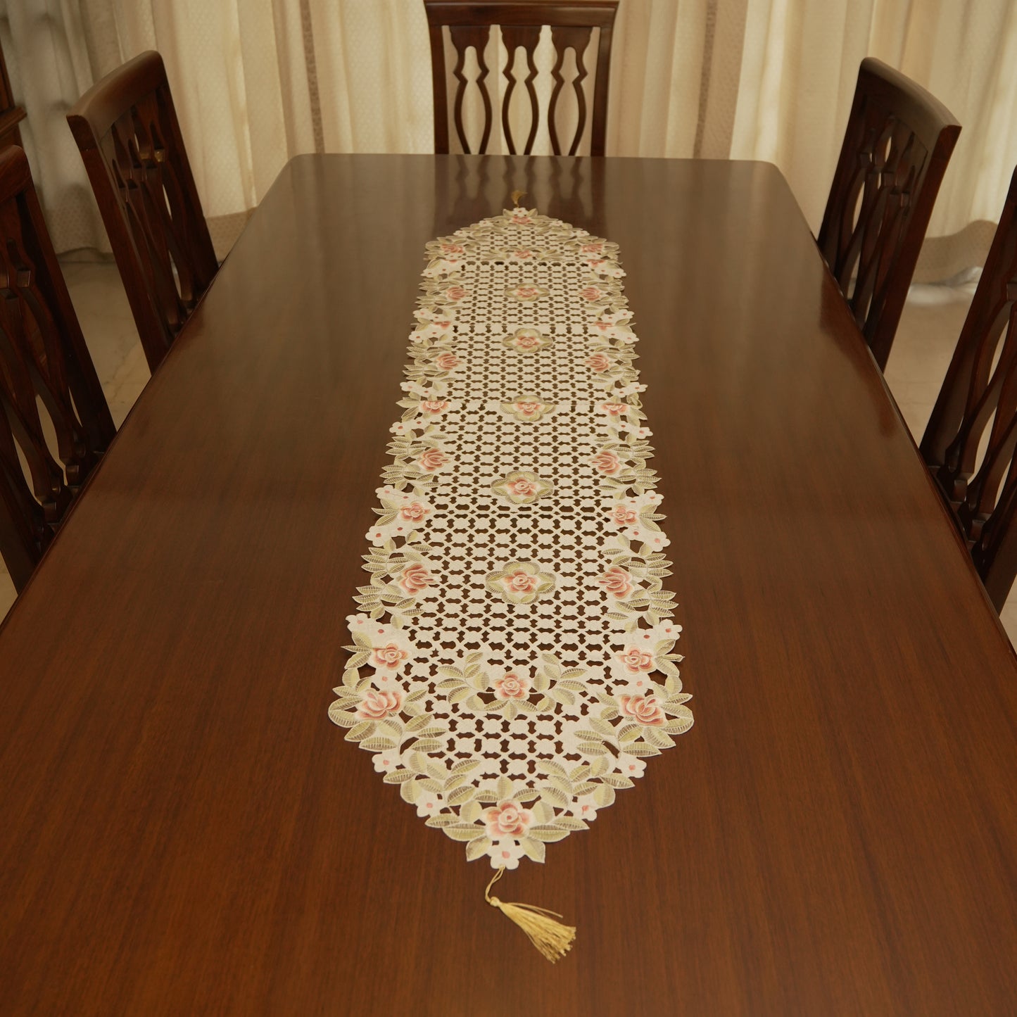 Floral Lace Table Runner with Cutwork Design (Long)