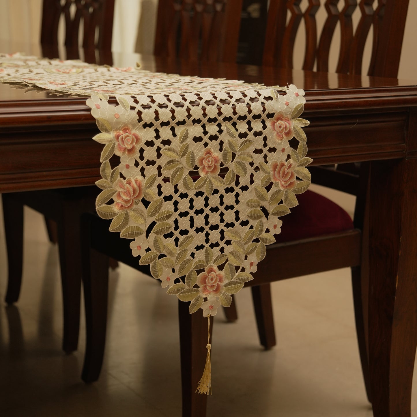 Floral Lace Table Runner with Cutwork Design (Long)