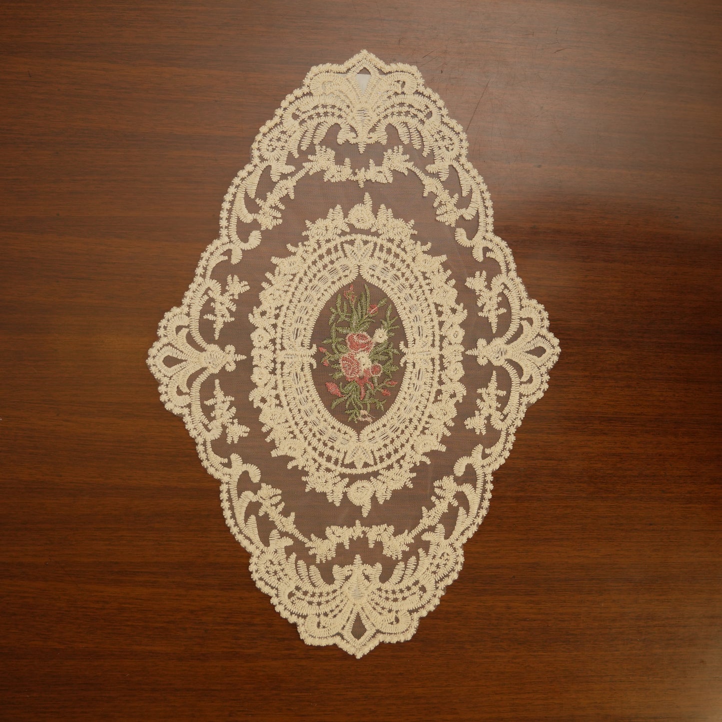 Vintage Beige Lace Table Mats with Floral Embroidered Medallion (Set of 2)