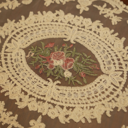 Vintage Beige Lace Table Mats with Floral Embroidered Medallion (Set of 2)