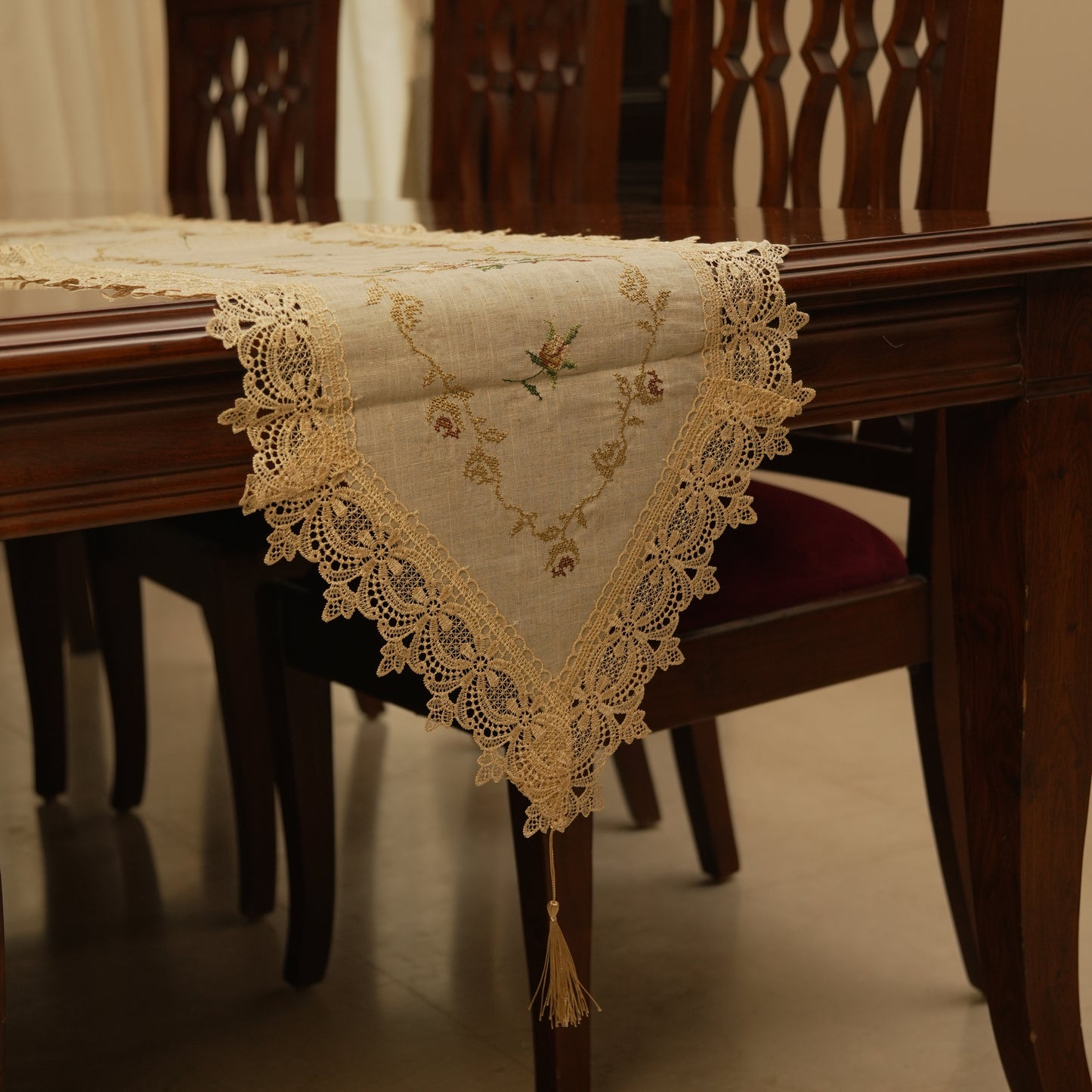 Heritage Lace Embroidered Table Runner with Tassel (Long)