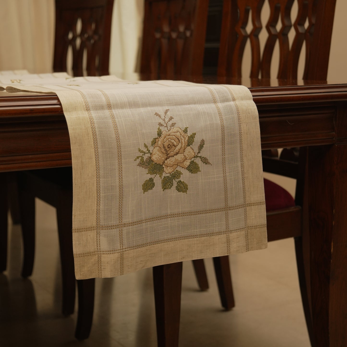 Classic Beige Floral Table Runner (Long)