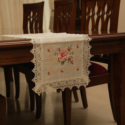 Vintage Rose Embroidered Lace Table Runner (Small)