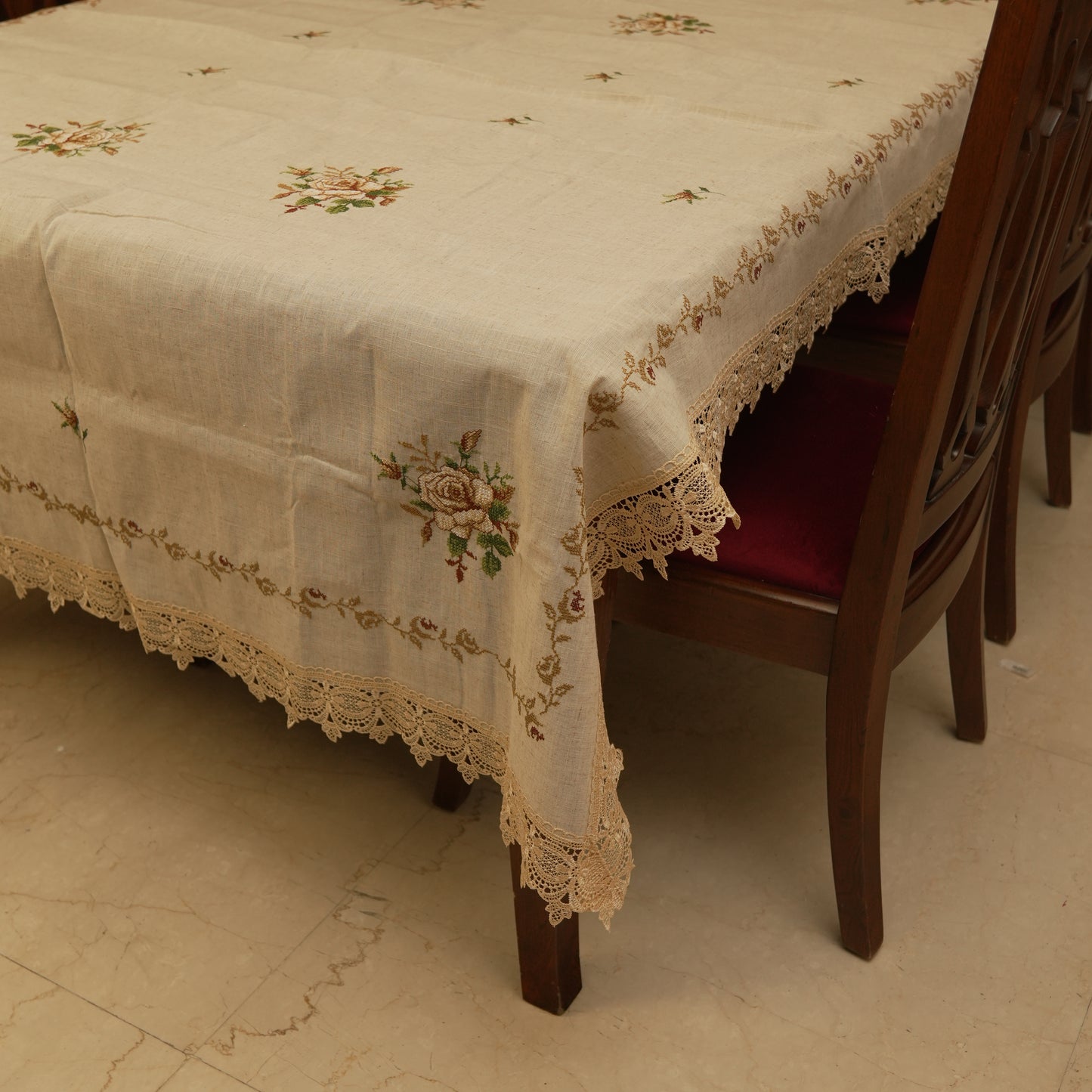 Premium Floral Embroidered Table Cloth with Lace Border – Warm Beige Dining Linen