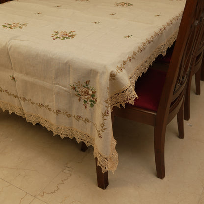 Premium Floral Embroidered Table Cloth with Lace Border – Warm Beige Dining Linen