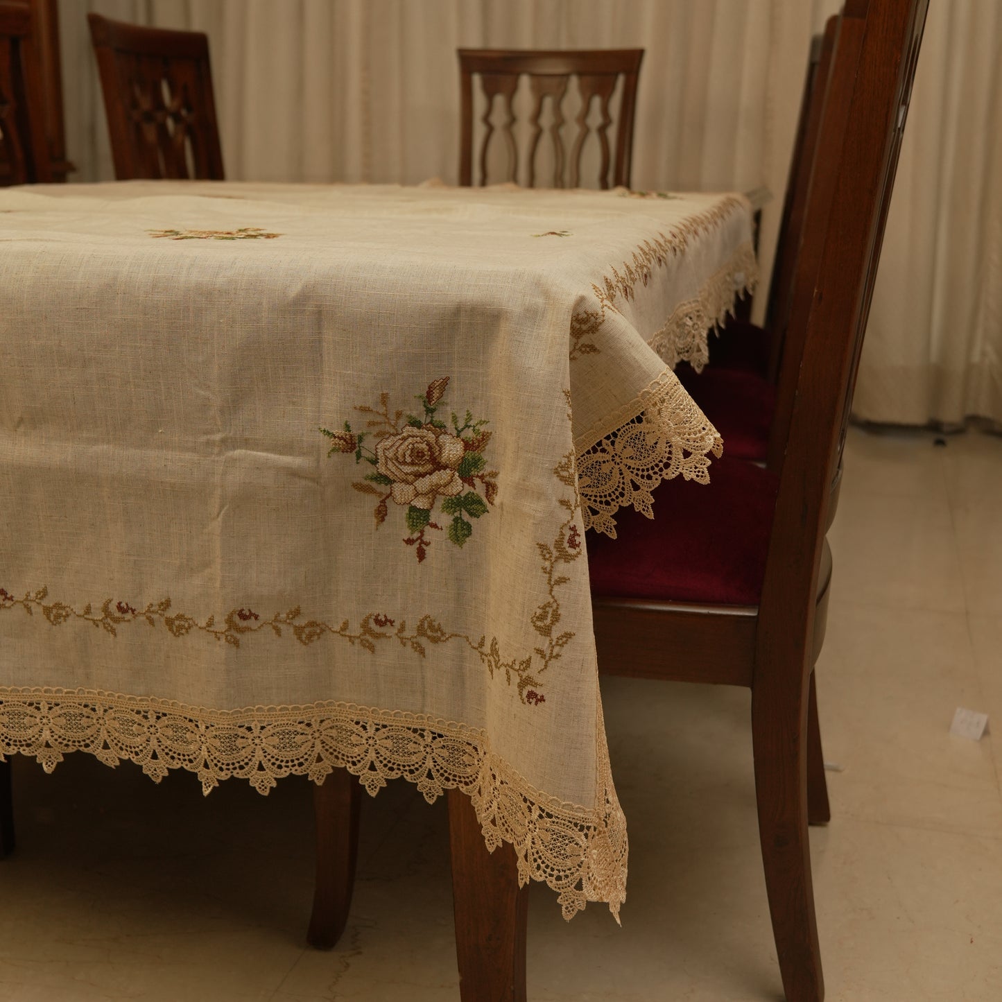 Premium Floral Embroidered Table Cloth with Lace Border – Warm Beige Dining Linen