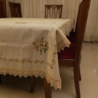 Premium Floral Embroidered Table Cloth with Lace Border – Warm Beige Dining Linen