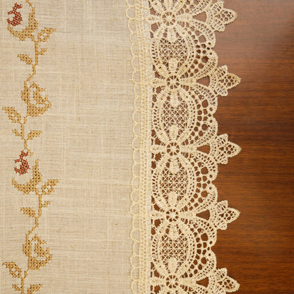 Premium Floral Embroidered Table Cloth with Lace Border – Warm Beige Dining Linen