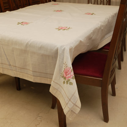 Premium Floral Embroidered Table Cloth – Elegant Ivory Rose Dining Linen
