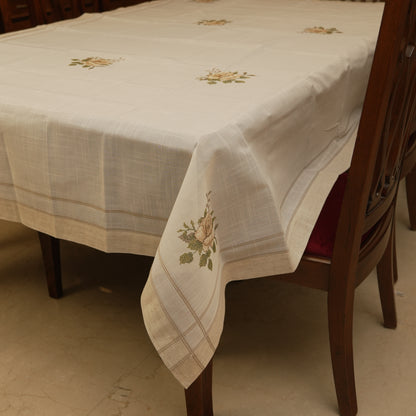 Premium Floral Embroidered Table Cloth – Minimal Beige Elegant Dining Linen