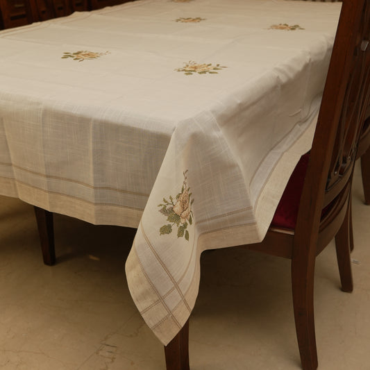 Premium Floral Embroidered Table Cloth – Minimal Beige Elegant Dining Linen