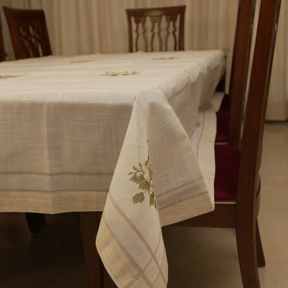 Premium Floral Embroidered Table Cloth – Minimal Beige Elegant Dining Linen