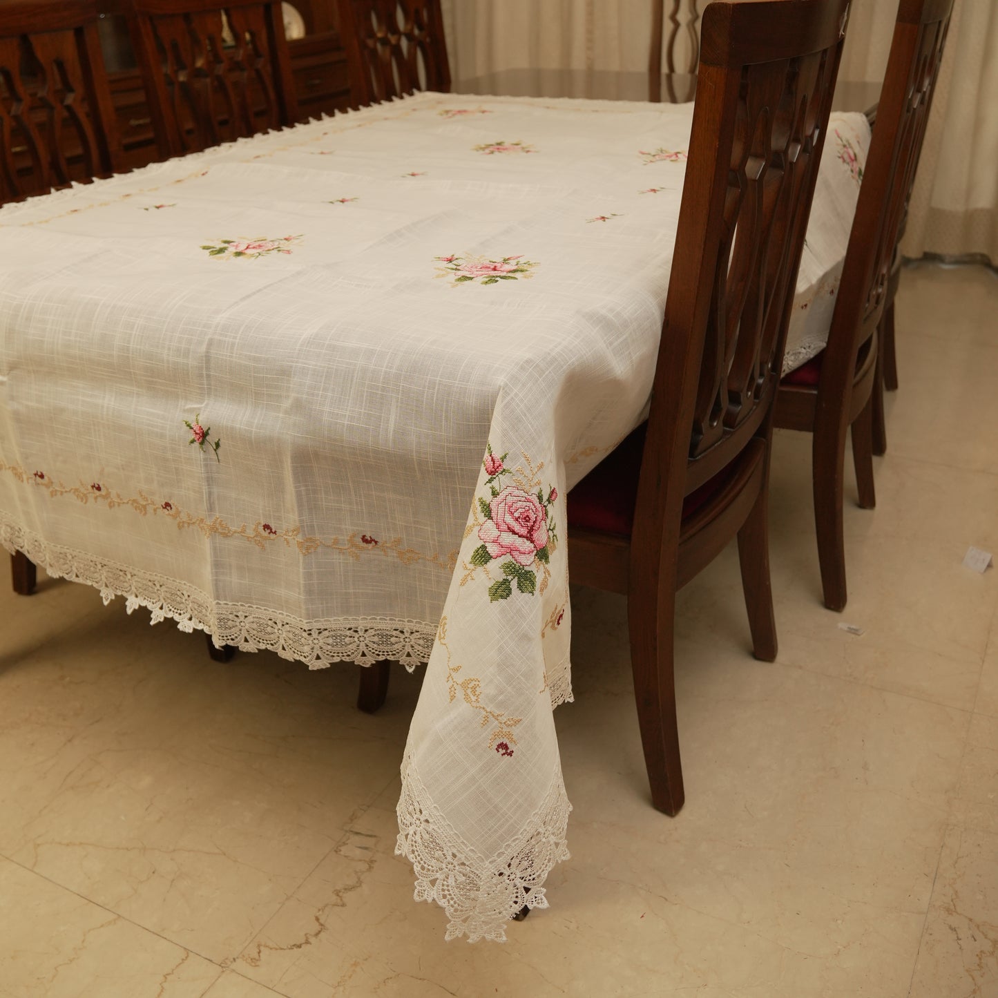 Premium Floral Embroidered Table Cloth with Lace – Elegant Ivory Dining Linen