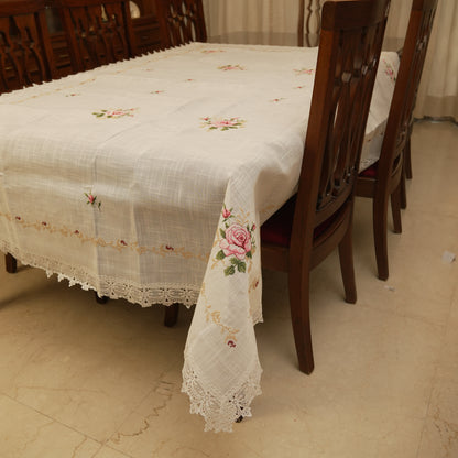 Premium Floral Embroidered Table Cloth with Lace – Elegant Ivory Dining Linen