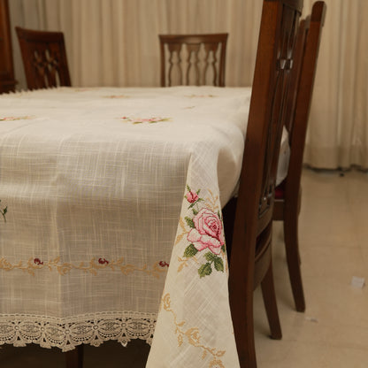 Premium Floral Embroidered Table Cloth with Lace – Elegant Ivory Dining Linen