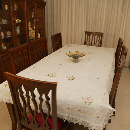 Premium Floral Embroidered Table Cloth with Lace Border – Soft Ivory Dining Table Linen