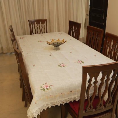 Premium Floral Embroidered Table Cloth with Lace Border – Soft Ivory Dining Table Linen
