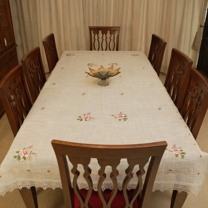 Premium Floral Embroidered Table Cloth with Lace Border – Soft Ivory Dining Table Linen