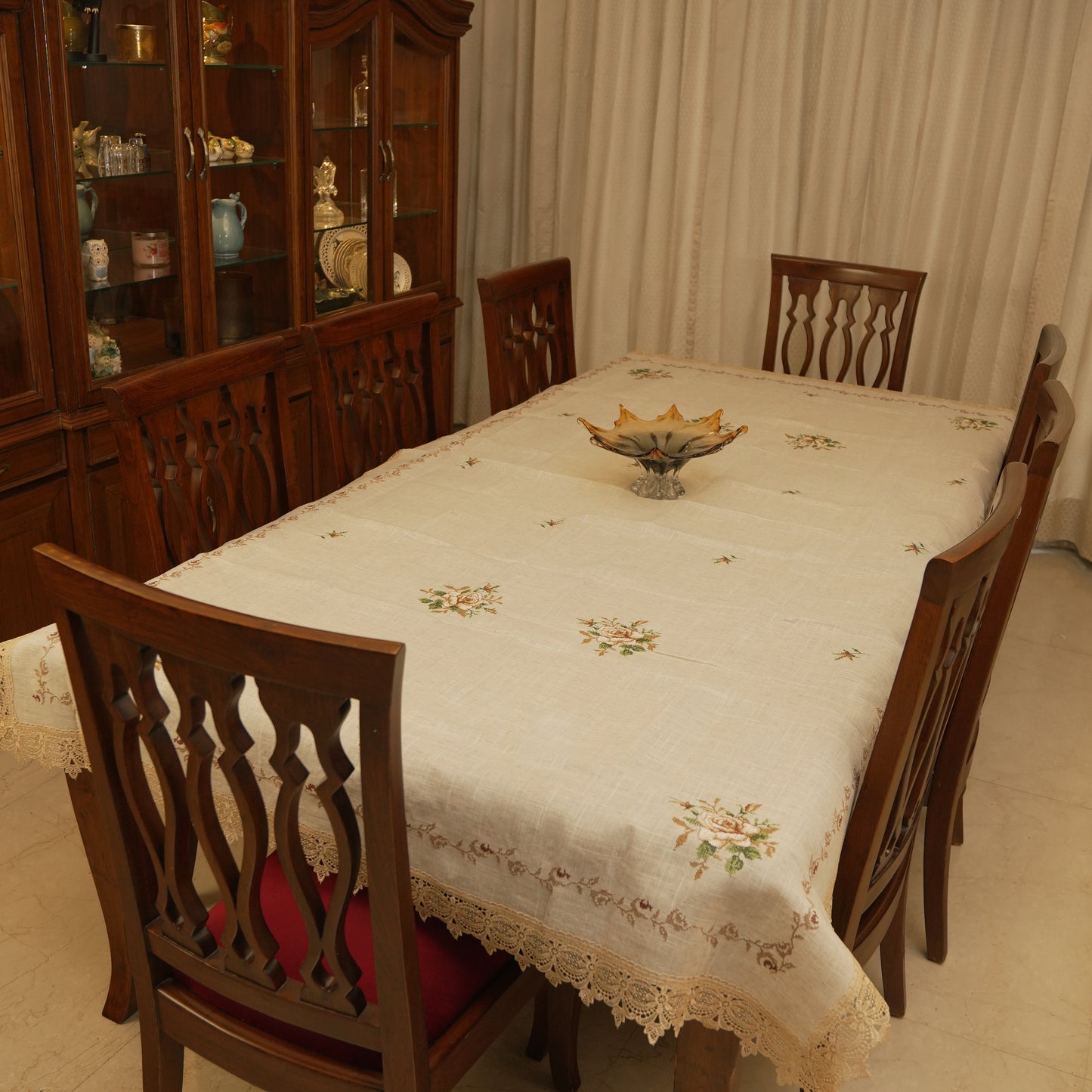 Premium Floral Embroidered Table Cloth with Lace Border - Elegant Beige Dining Linen