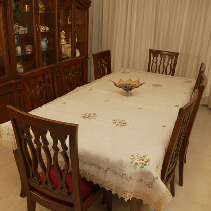 Premium Floral Embroidered Table Cloth with Lace Border - Elegant Beige Dining Linen