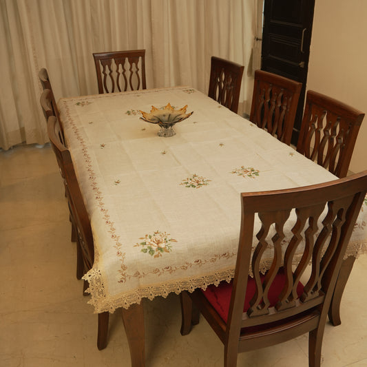 Premium Floral Embroidered Table Cloth with Lace Border - Elegant Beige Dining Linen