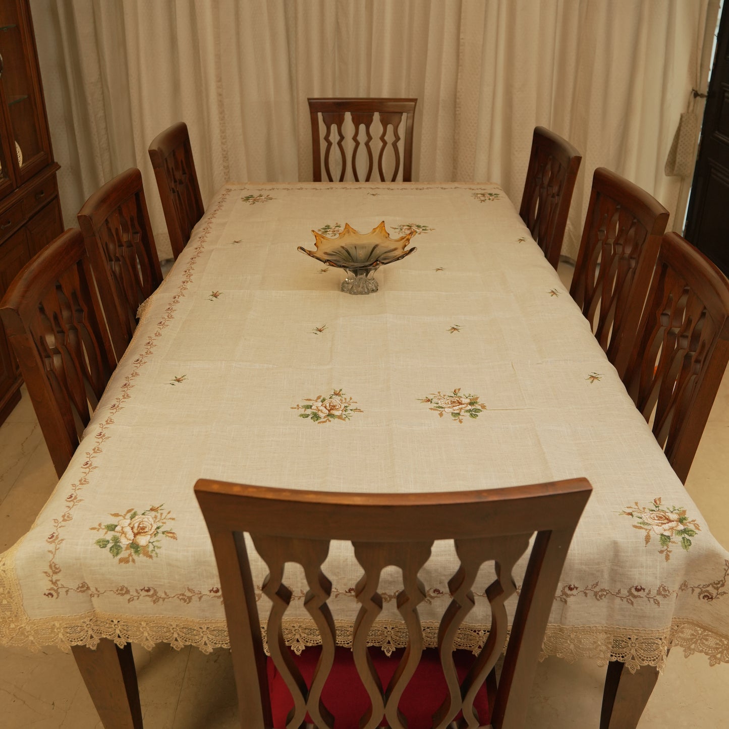Premium Floral Embroidered Table Cloth with Lace Border - Elegant Beige Dining Linen